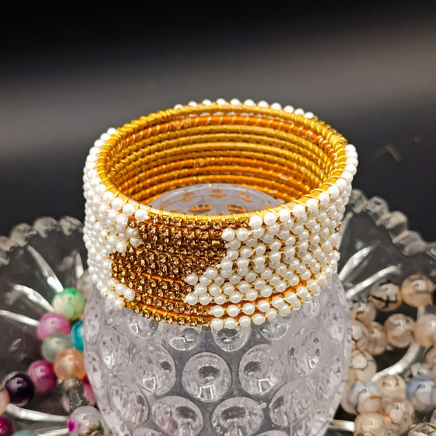 White Moti Golden Chori Set - 12 Pieces