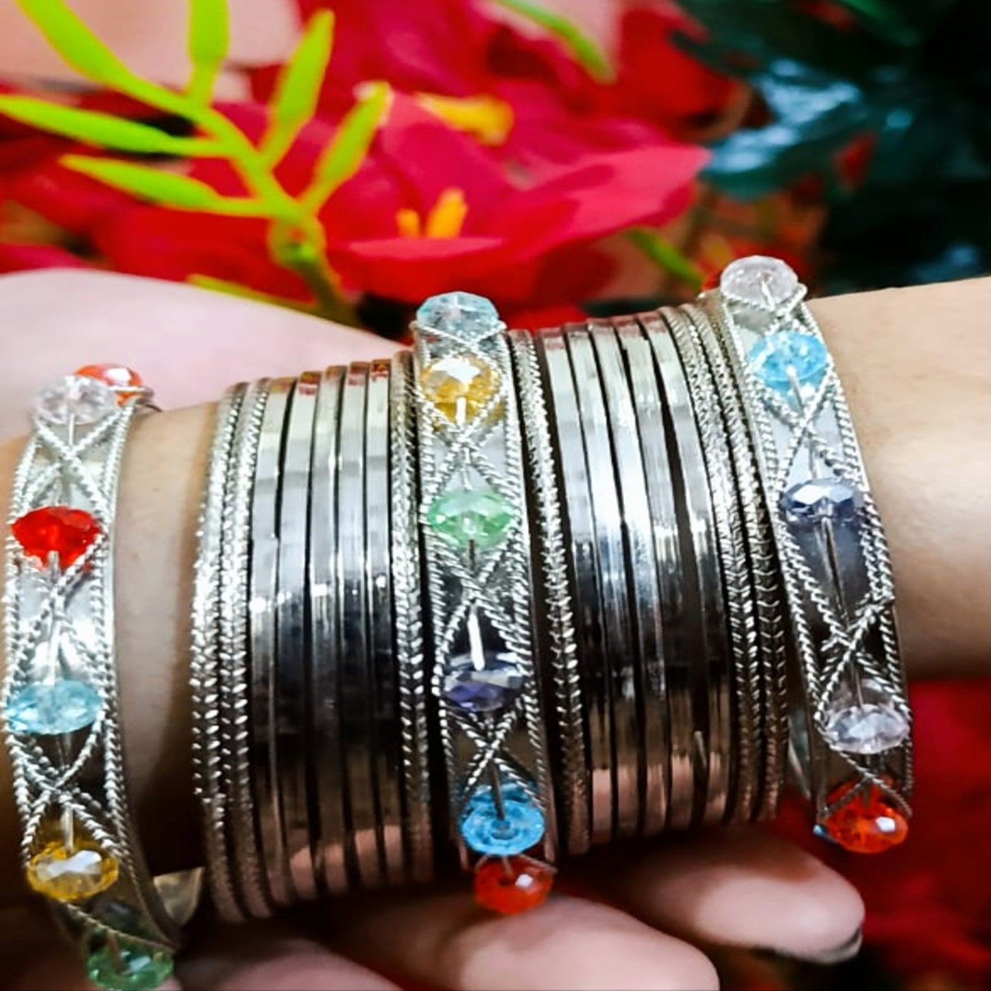 Multi Moti Bangles Set- 19 pieces