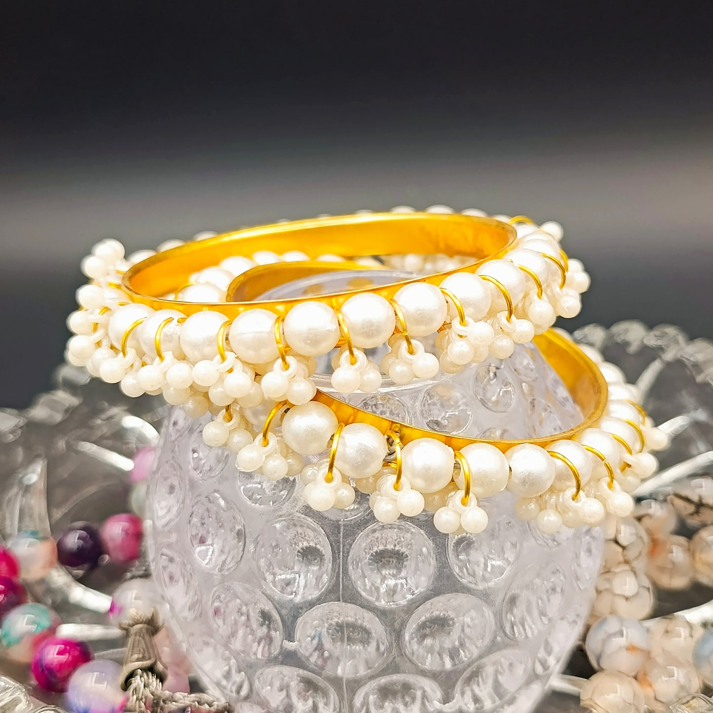 White Moti Golden Kara - Pair - 2 Pieces