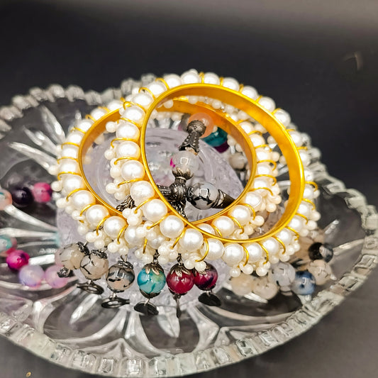 White Moti Golden Kara - Pair - 2 Pieces