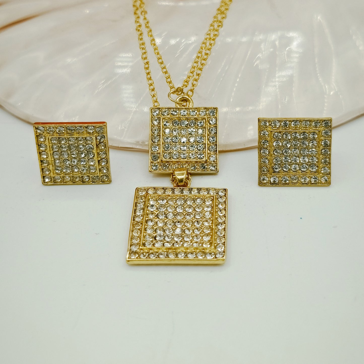 China Gold Zircon Double Square Double Chain Set